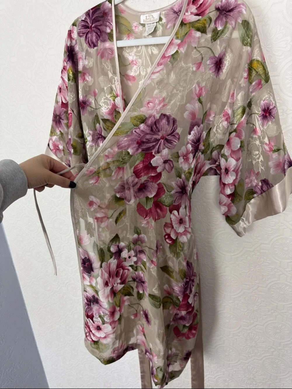 Vintage LA Intimates‎ Floral Sheer Robe Medium Pink Lace Trim Tie Waist Style